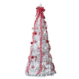 7 FT Fully Decorated Pre-lit Christmas Tree, Pop Up Artificial Xmas Tree with 170 Warm Lights and Red Ornaments for Home Office Store Holiday Dec